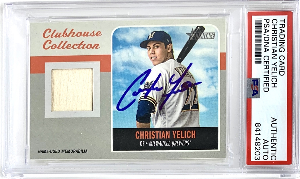 Christian Yelich Signed 2019 Topps Heritage Clubhouse Collection GU Relic Card (PSA/DNA Encapsulated)
