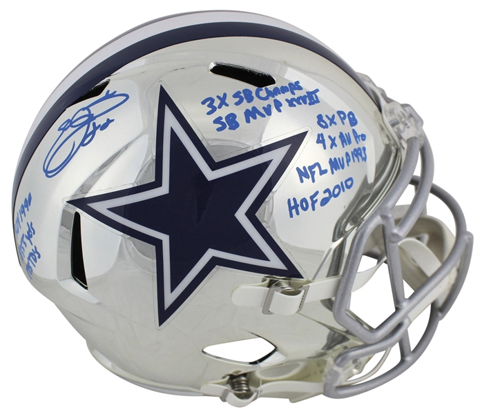 Emmitt Smith Signed Full-Sized Chrome  Style Dallas Cowboys Helmet w/ 9 Career Stat Inscriptions! (BAS/Beckett)