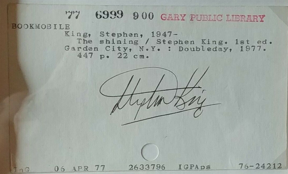 Stephen King Rare Signed 2.5" x 3.75" Gary Library "The Shining" Bookcard (Beckett/BAS)