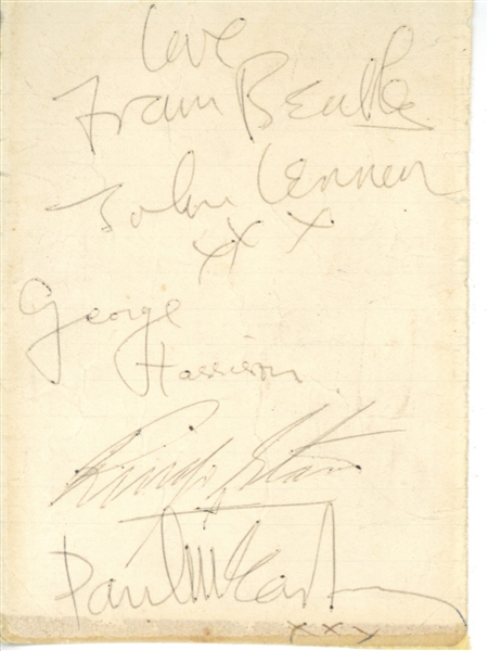 The Beatles Group Signed 3" x 4.5" Album Page w/ Rare "Love From The Beatles" Inscribed by Lennon! (Beckett/BAS)
