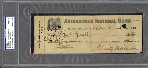 Christy Mathewson Signed & Handwritten 1924 Bank Check (PSA/DNA MINT 9!)