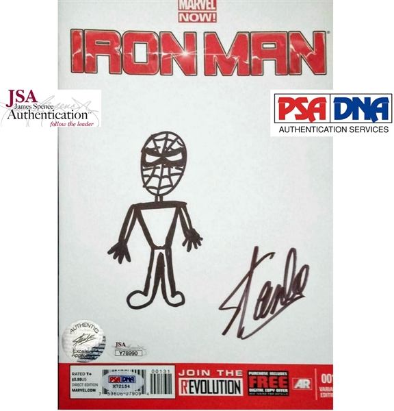 Stan Lee Signed "Iron Man" Comic Book with ULTRA RARE Spider-Man Hand Drawn Full Body Sketch! (PSA/DNA & JSA)