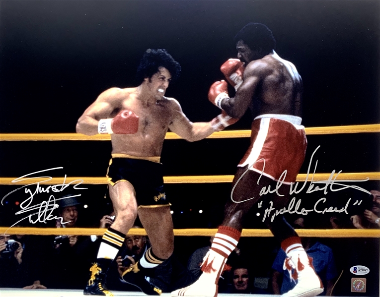 Rocky: ULTRA RARE Sylvester Stallone & Carl Weathers Dual Signed 16" x 20" Color Photo w/Signing Pics! (Beckett/BAS & ASI)