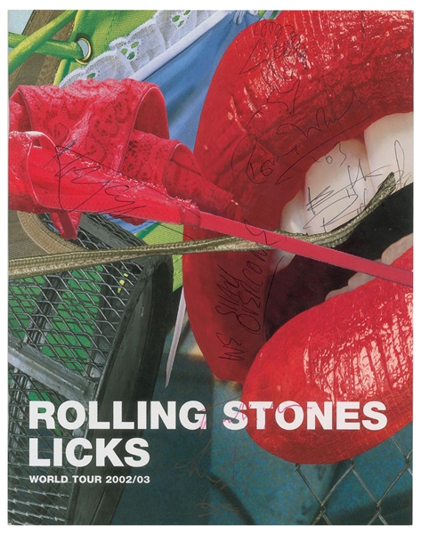 The Rolling Stones Group Signed 9" x 12" Licks Tour Program w/ Ronnie Wood Sketch! (Beckett/BAS Guaranteed)