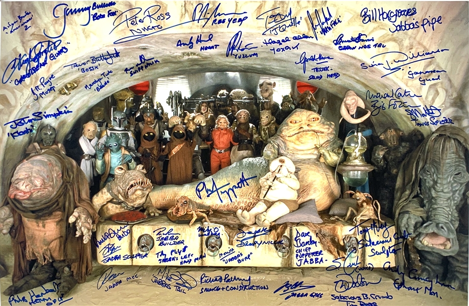 ROTJ: Jabbas Palace Cast Signed 16" x 24" Color Photo with 39 Autographs from Cast & Crew! (Beckett/BAS Guaranteed)