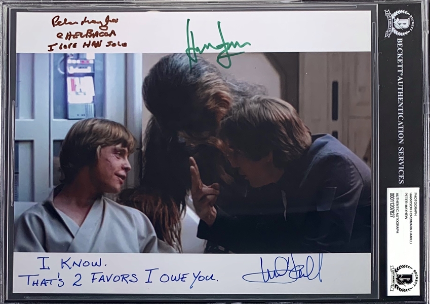 The Empire Strikes Back: Harrison Ford, Mark Hamill & Peter Mayhew Signed 8" x 10" Color Photo with Two RARE Inscriptions! (Beckett/BAS Encapsulated)(Steve Grad Collection)
