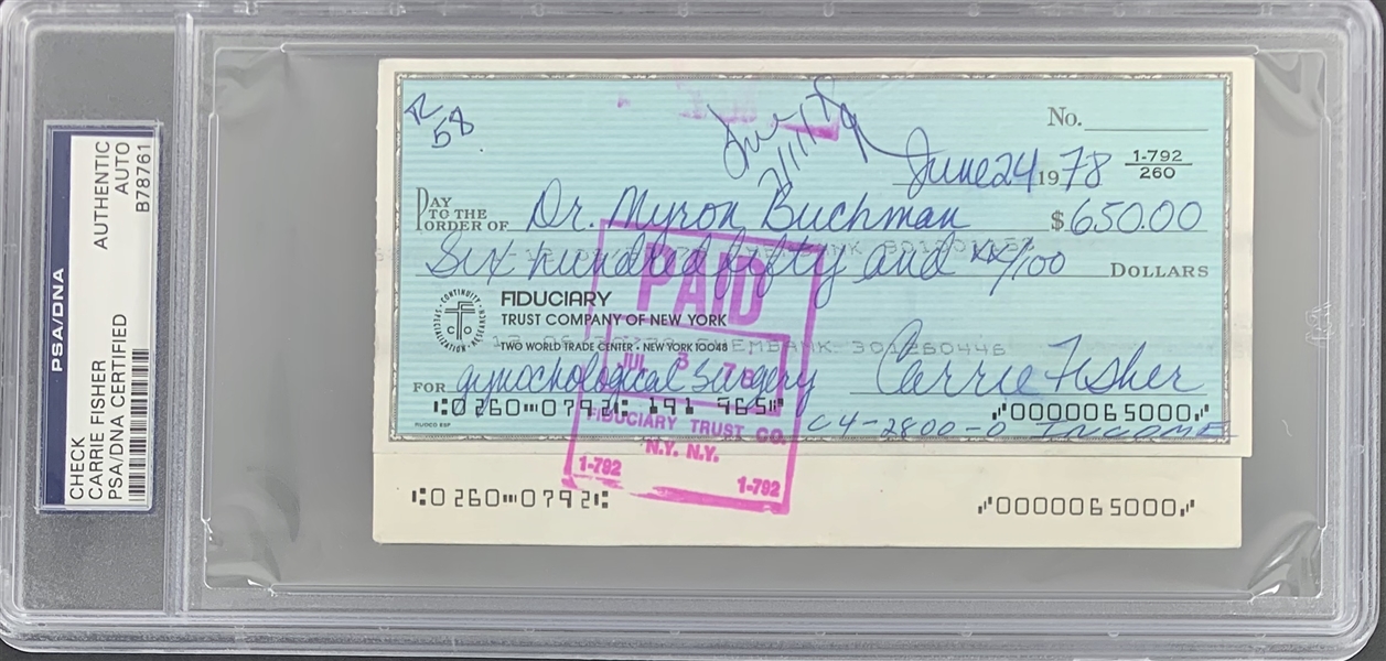 Carrie Fisher Handwritten & Signed Personal Bank Check from 1978 (PSA/DNA Encapsulated)