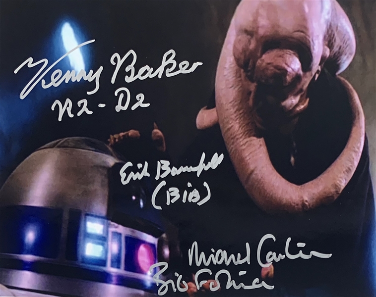 Jabbas Lair: Kenny Baker, Erik Bauersfeld & Michael Carter Signed 8" x 10" Color Photo (Beckett/BAS Guaranteed)(Steve Grad Collection)