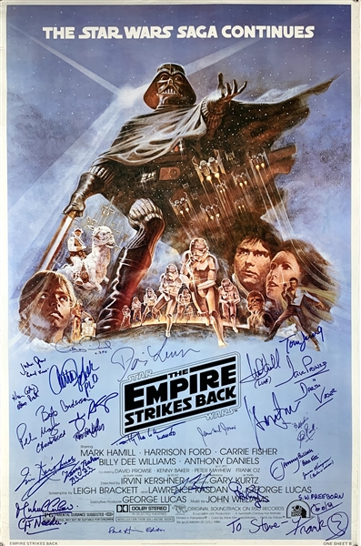 The Empire Strike Back Impressive 27" x 41" Full Size Style "B" One Sheet Movie Poster with 26 Autographs Incl. Ford, Fisher, Hamill and more! (Beckett/BAS Guaranteed)(Steve Grad Collection) 