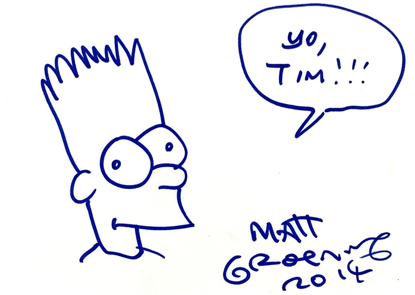 The Simpsons: Matt Groening In-Person Signed 5" x 8" Sheet with Bart Simpson Sketch (Beckett/BAS Guaranteed)