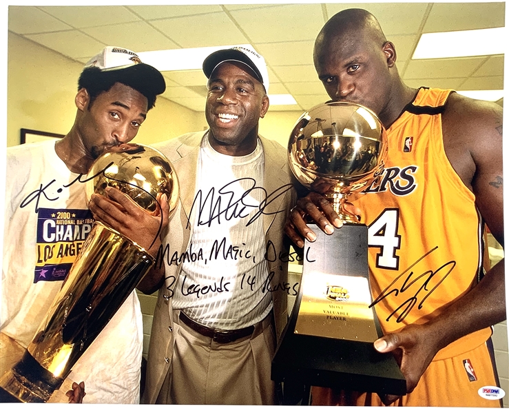 Laker Legends: Kobe Bryant, Magic Johnson & Shaquille ONeal Signed 16" x 20" Photo with Incredible Inscription! (PSA/DNA LOA)