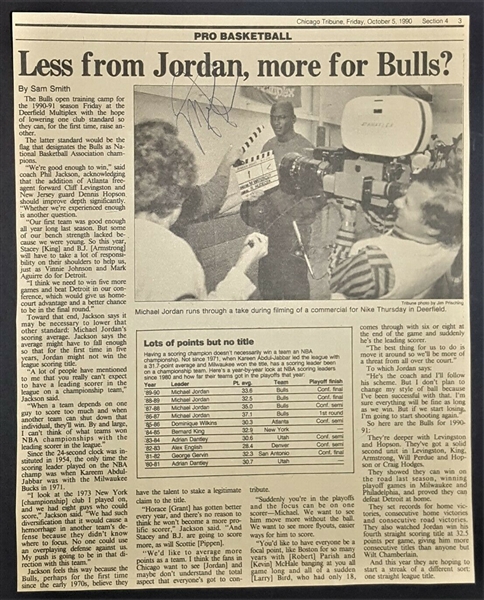 Michael Jordan Signed 1990 Newspaper Article w/ Daft Pre-Championship Headline - "Less from Jordan, More for Bulls?" (Beckett/BAS Guaranteed)