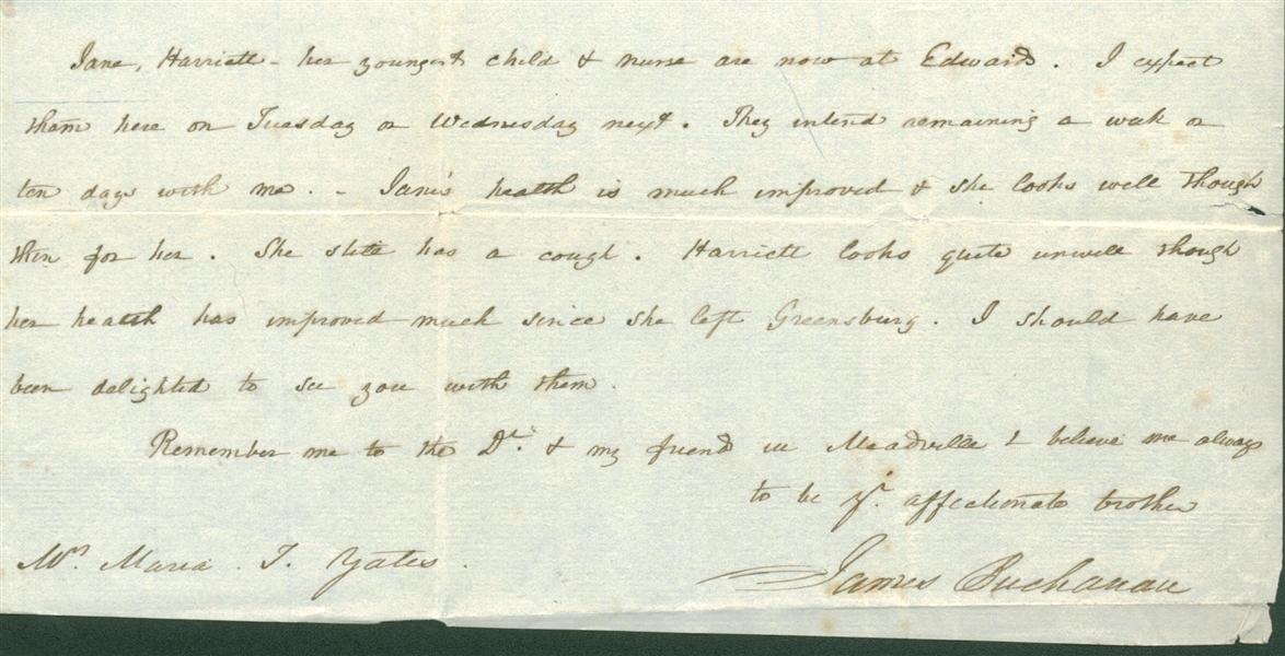 President James Buchanan Signed & Handwritten Letter to His Sister! (Beckett/BAS)