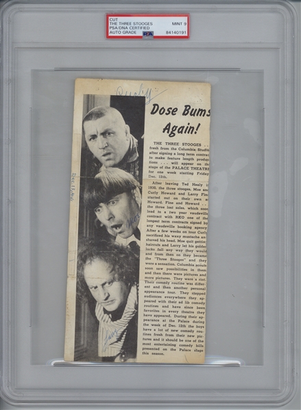 The Three Stooges Vintage c. 1941 Group Signed 4" x 9" Magazine Photograph - PSA MINT 9 - The Highest Graded Example!