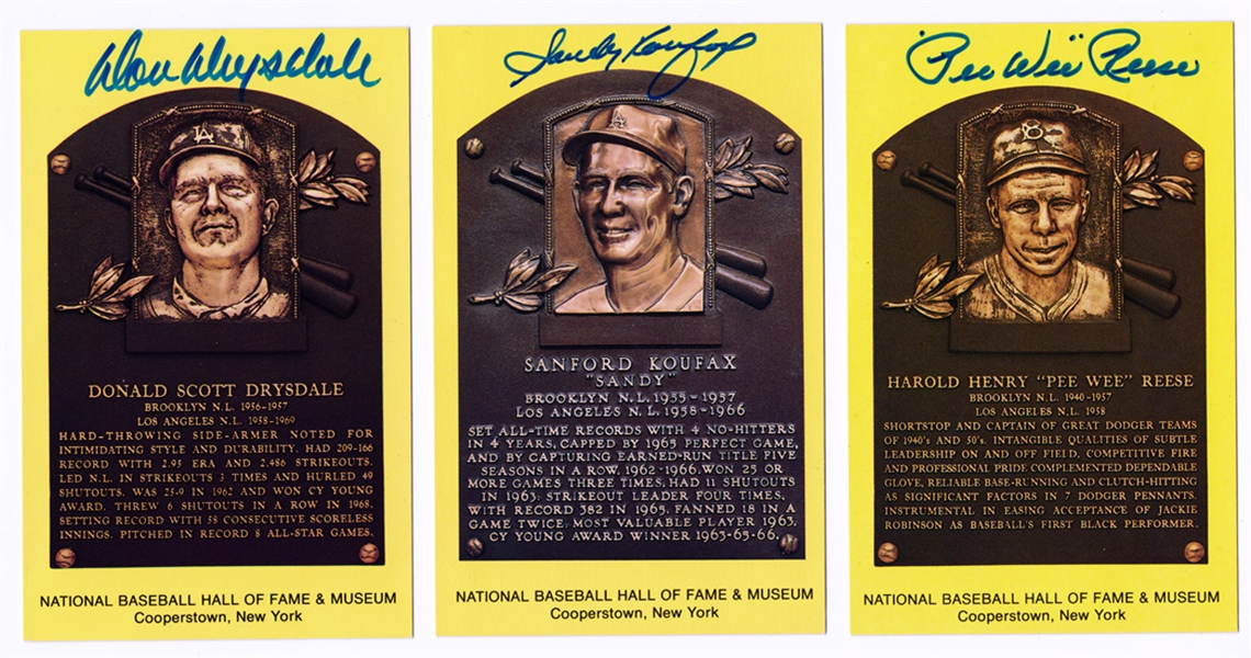 Dodgers HOFers Signed HOF Plaque Postcards with Koufax, Reese & Drysdale (Beckett/BAS Guaranteed)