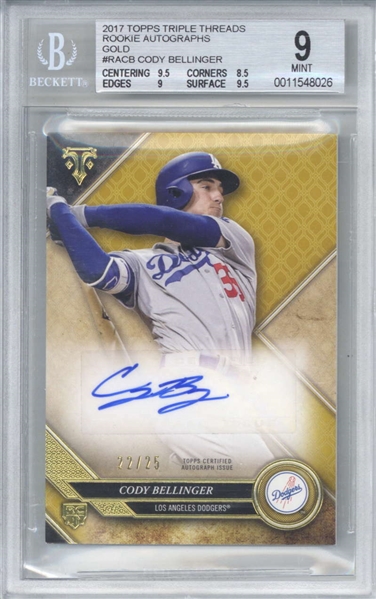 Cody Bellinger Signed 2017 Topps Triple Threads Rookie Autographs Gold Card (Beckett/BGS Graded MINT 9 w/ 10 Auto)