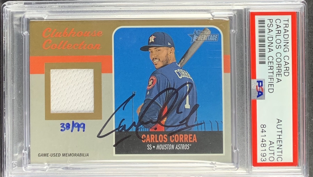 Carlos Correa Signed 2019 Topps Heritage Clubhouse Collection Limited Edition Game Used Patch Card (PSA/DNA Encapsulated)