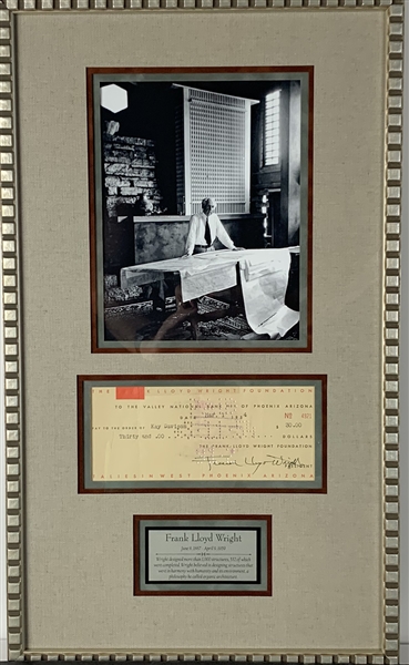 Frank Lloyd Wright Signed Vintage Business Bank Check in Custom Framed Display (Framed to 13.5" x 23") (PSA/DNA)