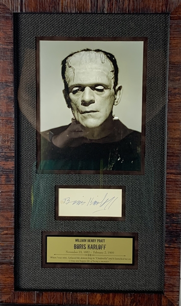 Boris Karloff Vintage Signed 4.25" x 2"  Cut Framed Display (JSA)
