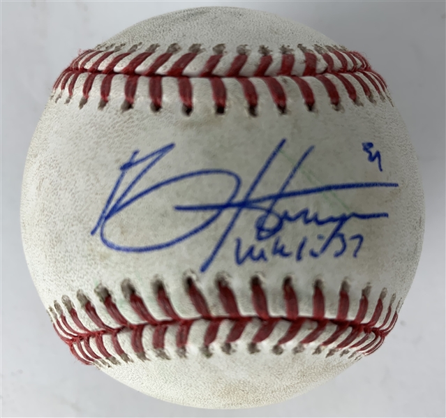 Bryce Harper Signed & Game Used 2018 OML Baseball During 1-4 w/ HR Performance :: Ball Fouled Off by Harper! (MLB & PSA/DNA)