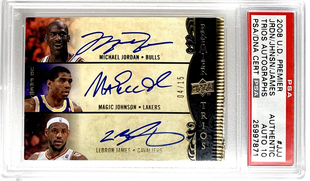 2008 Upper Deck Premier Trios Michael Jordan, Magic Johnson & Lebron James Triple Signed Insert Card :: Only PSA/DNA Graded 10 Triple Auto Card Known to Exist! (PSA/DNA)