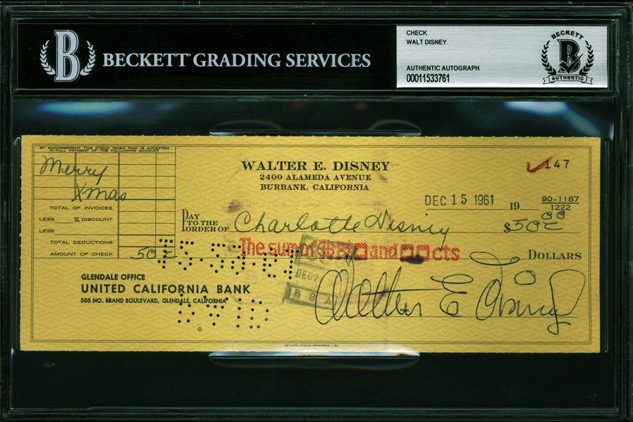 Walt Disney Vintage Signed Bank Check with Choice Signature (Beckett/BAS Encapsulated)