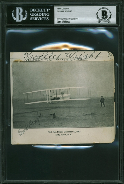 Orville Wright Signed & Inscribed 4" x 5" Photograph Featuring Historic First Manned Flight at Kitty Hawk! (Beckett/BAS Encapsulated)