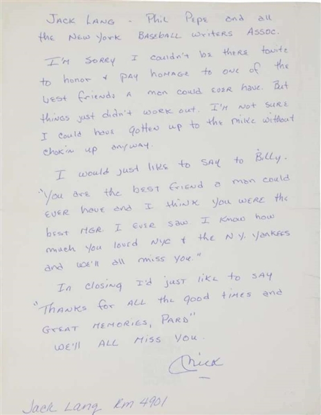 Mickey Mantle One-of-a-Kind Handwritten Note Re: Billy Martins Passing (PSA/DNA)