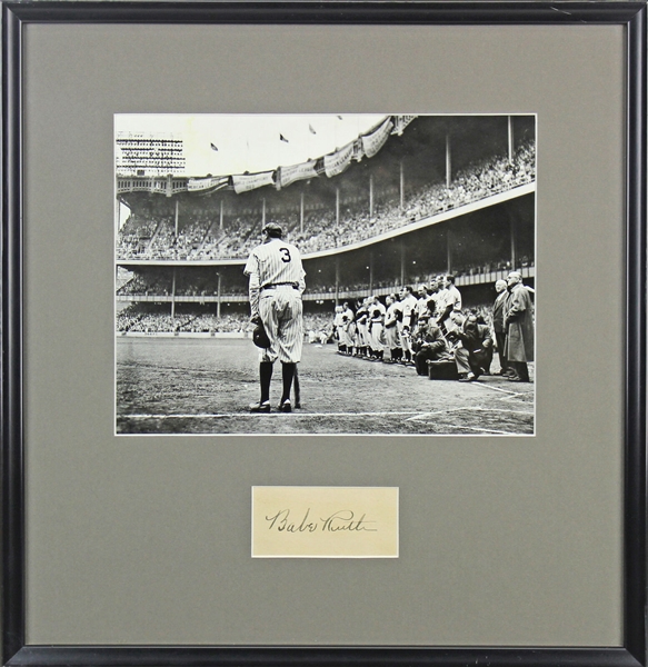 Babe Ruth Superb Fountain Pen Signature in Framed Display with Famed "The Babe Bows Out" Image (JSA)