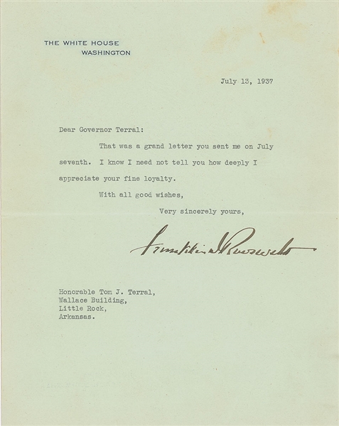 President Franklin D. Roosevelt Signed White House Letter as President (1937)(Beckett/BAS Guaranteed)