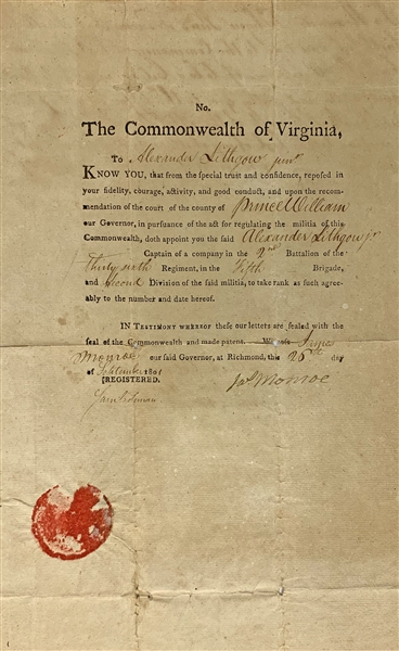 James Monroe Signed 1801 Military Appointment Document (Beckett/BAS Guaranteed)