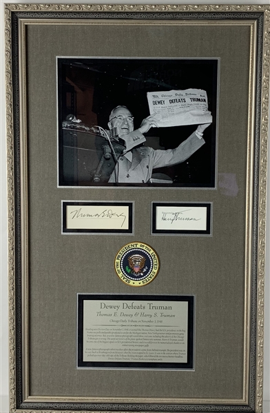 1948 Election: Harry Truman & Thomas Dewey Signed 2" x 4" Framed 16" x 26" Display (Beckett/BAS Guaranteed)
