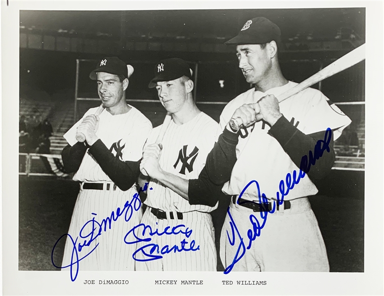 Mickey Mantle, Ted Williams & Joe DiMaggio Near-Mint Signed 8" x 10" B&W Photo (JSA LOA)