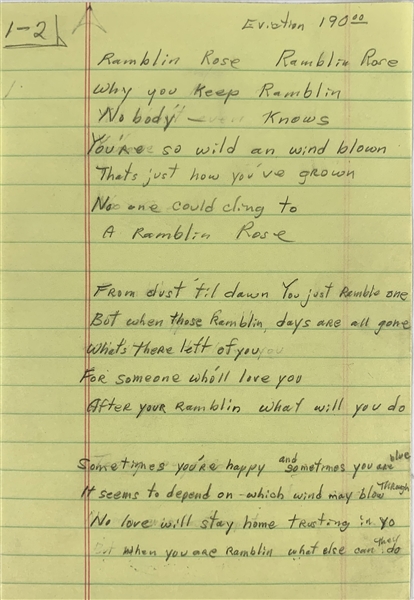 Chuck Berry Handwritten Lyrics for "Ramblin Rose" (Epperson/REAL LOA)