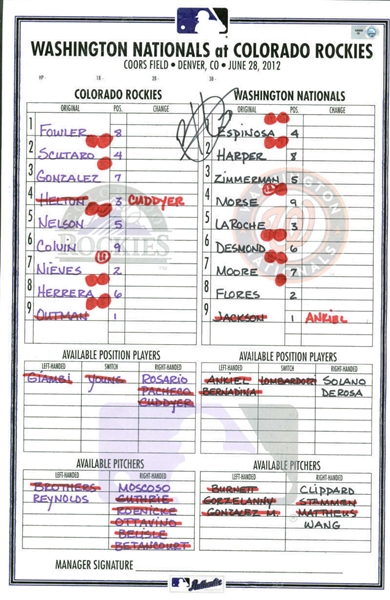 Bryce Harper Signed Game Used 2012 Batting Lineup Card vs. Colorado Rockies During 8th Career HR Game! (MLB & JSA)