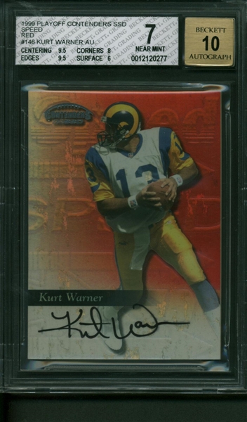 Kurt Warner Rare Signed 1999 Playoff Contenders SSD Speed Red #146 Rookie Card - BGS NM 7 w/ 10 Autograph!