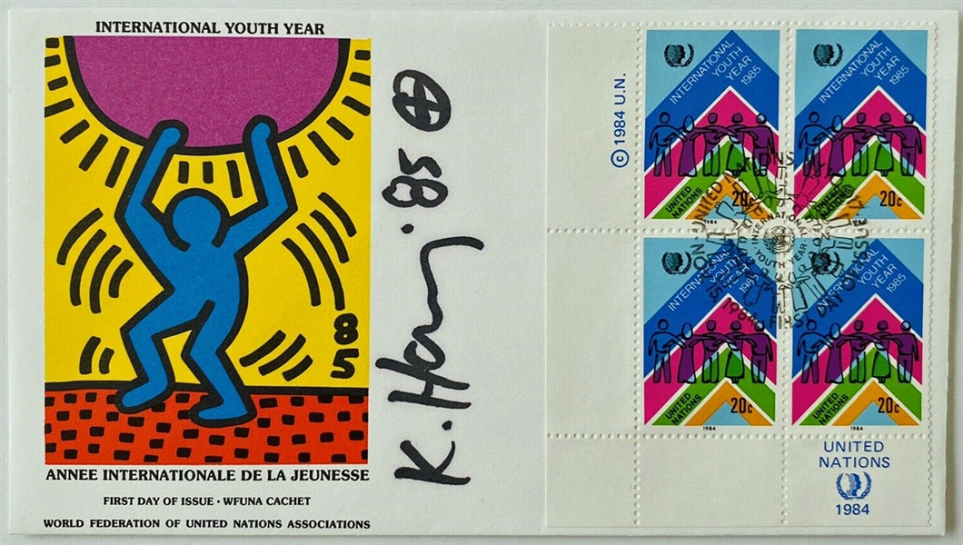 Keith Haring Signed 3.5" x 6.5" United Nations Youth Year Commemorative First Day Cover (JSA LOA)