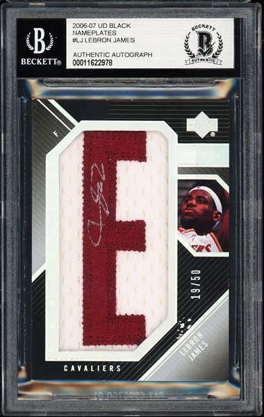 2006-07 LeBron James Upper Deck Black Nameplates Signed Autograph Patch Card :: Numbered 19/50 :: Beckett/BAS Encapsulted