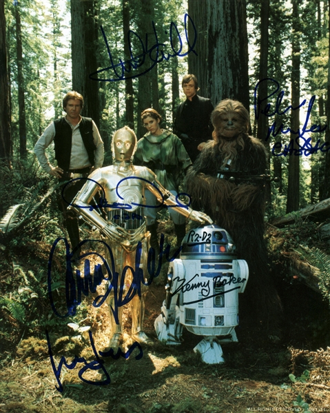 ROTJ: Harrison Ford, Carrie Fisher, Kenny Baker, Mark Hamill & Anthony Daniels Signed 8" x 10" Endor Photograph (Beckett/BAS Guaranteed)