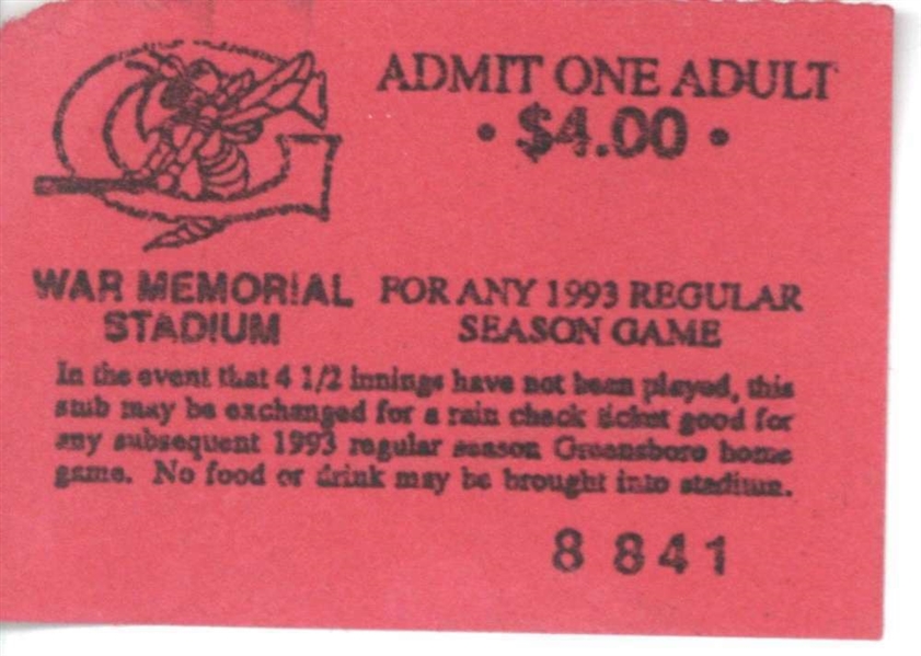 Rare Greensboro Hornets 1993 Season "Any Game" Ticket - Jeter Minor League Season!