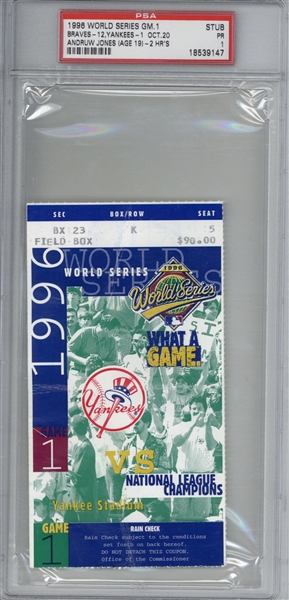1996 World Series Yankees vs. Braves Game 1 Ticket Stub (PSA)