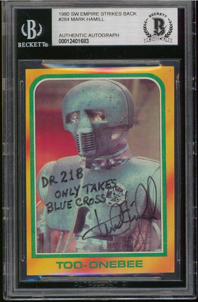 Star Wars: Mark Hamill Uniquely Signed & Inscribed 1980 Topps "Empire Strikes Back" Trading Card (Beckett/BAS Encapsulated)
