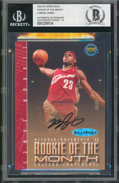 LeBron James Signed 2003-04 Rookie of The Month Oct/Nov 2003 Limited Edition Commemorative Card (#15/23)(UDA)(Beckett/BAS Encapsulated)