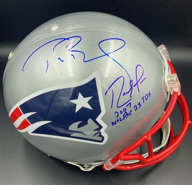 Dynamic Duo: Tom Brady & Randy Moss Signed Patriots Proline Helmet with "2007 Rec 23 TDs" Inscription (Beckett/BAS COA & Tristar Hologram)