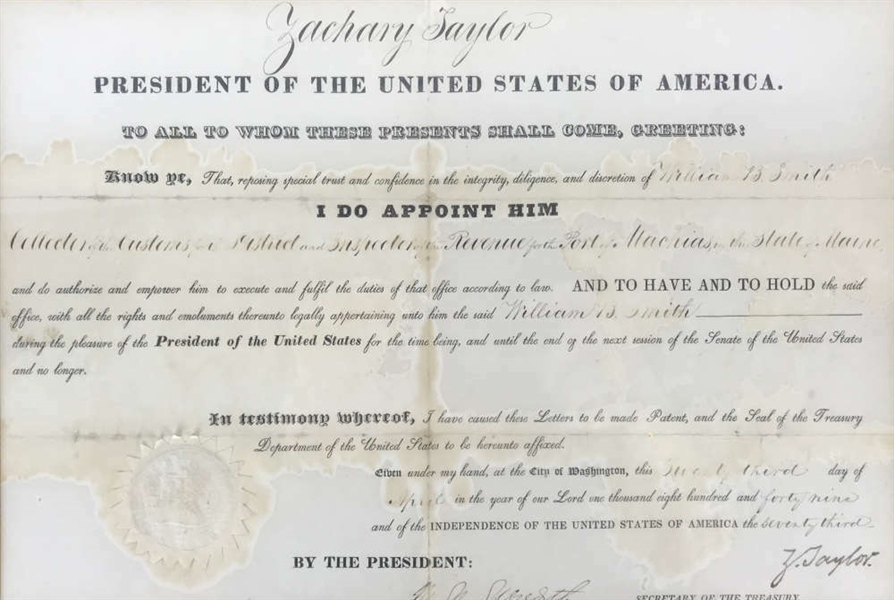 President Zachary Taylor Signed 1849 Appointment Document (Beckett/BAS)