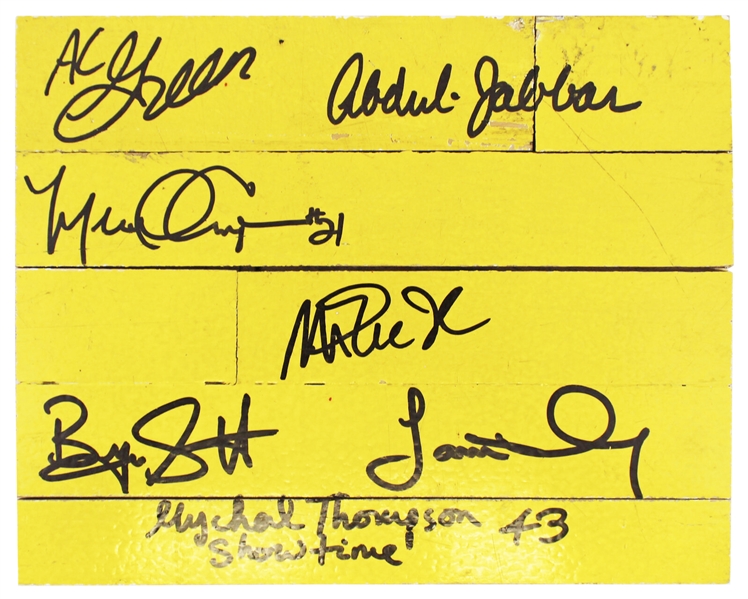 Showtime Lakers (7) Signed 8" x 10" Game Used Forum Floorboard Piece - Magic, Kareem +5 (PSA/DNA & BAS/Beckett)