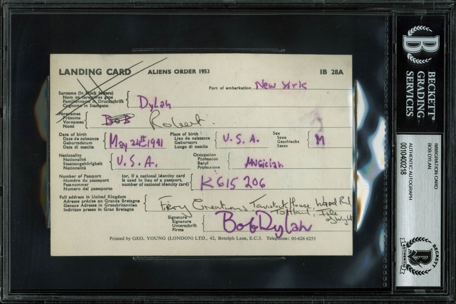 Bob Dylan Rare Handwritten & Signed International Landing Card (BAS/Beckett Encapsulated)