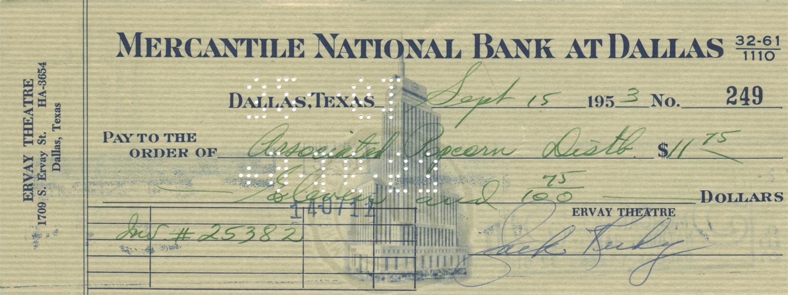 Jack Ruby Signed 1953 Personal Bank Check (Beckett/BAS Guaranteed)