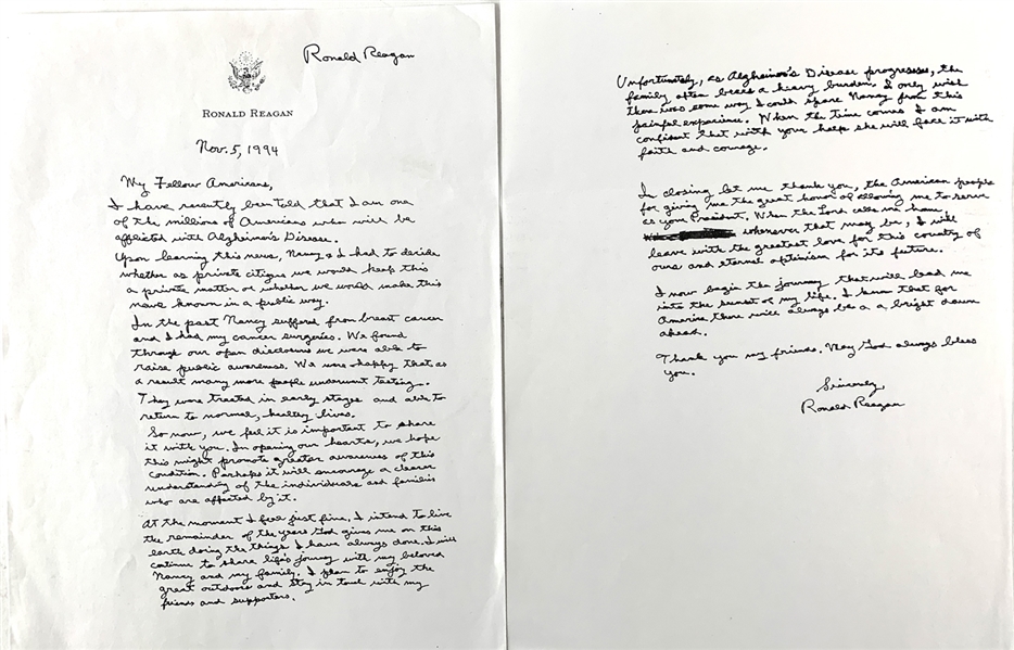 Ronald Reagan ULTRA RARE Signed Manuscript Copy for Alzheimers Announcement (Beckett/BAS LOA)
