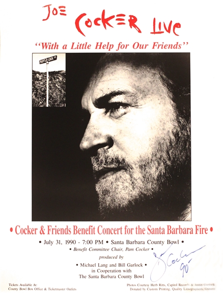 Joe Cocker Signed 18" x 22" Concert Poster for Fundraising Concert :: 7-31-90 - Santa Barbara, CA (Beckett/BAS Guaranteed)